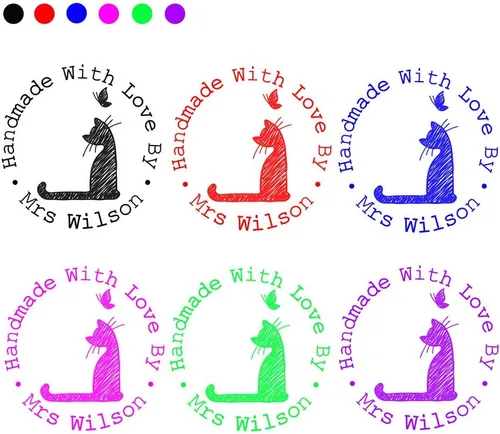 Vista 2 de Diseño personalizado de gato y mariposa hecho a mano con amor por sello, sellos de boda autoentintados personalizados, diámetro redondo, 1.65