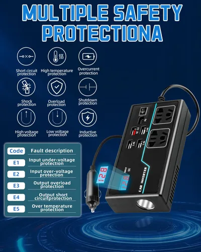 Vista 2 de Inversor de corriente de 200 W, 8 en 1 CC 12 V a 110 V CA, adaptador de enchufe de automóvil, convertidor de salidas con PD3.0 de 30 W y 4 puertos