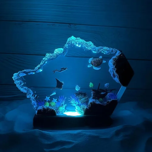Vista 8 de Lámpara de luz multicolor de resina epoxi creativa del océano, hecha a mano, con forma de onda profunda, lámpara de océano acuático profundo