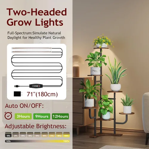 Vista 6 de Homsorout Soporte de esquina para plantas con luz de crecimiento, soporte para plantas de 6 niveles, estante redondo de metal para plantas con luz