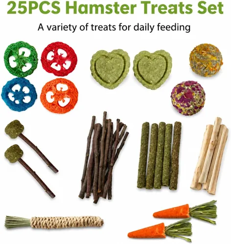 Vista 2 de 25 piezas de juguetes masticables de conejo para dientes, juguetes naturales de conejo, madera de durazno, hierba Timothy Sticks masticar y tratar