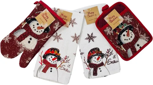 Vista 24 de Paños de Cocina y Agarraderas Navideños - Juego Alegre de Navidad de 4 Piezas 100% Algodón Verde Rojo Blanco - Dos (2) Paños de Cocina, Un (1)