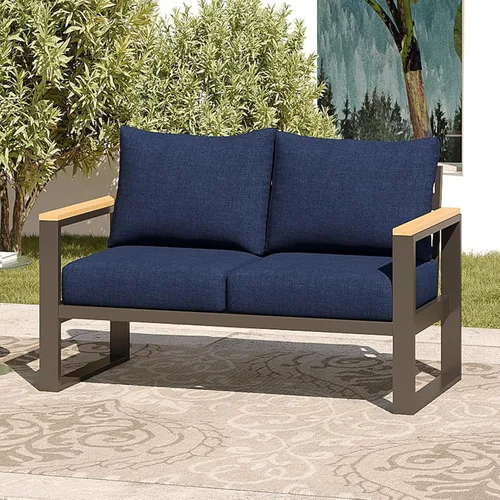 Vista 12 de Sundale Outdoor Muebles de patio, sofá de aluminio para todo tipo de clima, sofá de metal para exteriores de 3 asientos con cojín de olefina de 6