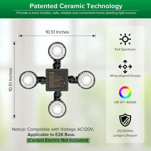 Vista 5 de SANSI Luz de cultivo para plantas de interior, 40 W (equivalente a 400 vatios) 4000 lúmenes de alto PPFD luz de espectro completo con temporizador