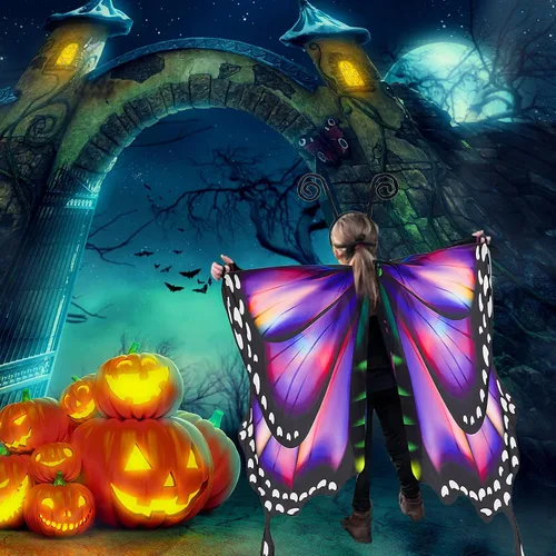 Vista 5 de Disfraz de Halloween de alas de mariposa para niñas incluye máscara y diadema con antenas