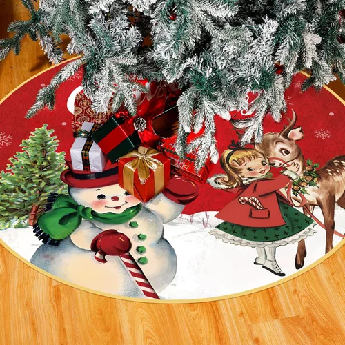 Vista 7 de Poen Falda de árbol de Navidad vintage, alfombra rústica para árbol de Navidad, falda de árbol de Halloween, muñeco de nieve de 48 pulgadas