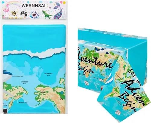 Vista 7 de WERNNSAI Mantel de viaje – 1 mantel de 108 x 54 pulgadas con mapa del mundo Adventure World Awaits Bon Voyage - Decoraciones de fiesta