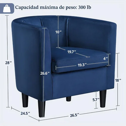 Vista 3 de Yaheetech Silla decorativa de terciopelo, sillones modernos y cómodos, silla tapizada de barril para sala de estar, dormitorio, sala de espera, Azul