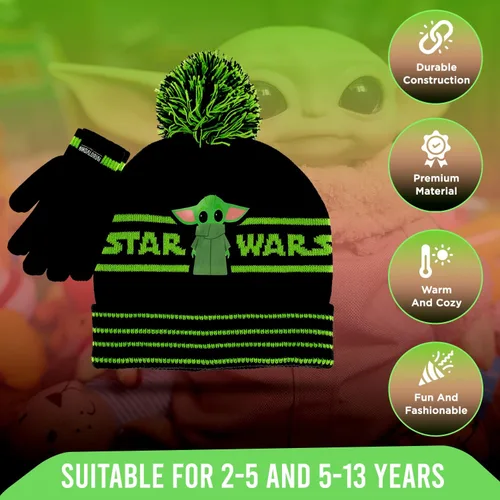 Vista 3 de Star Wars Baby Yoda - Gorro de invierno para niños y guantes de nieve o guantes para niños pequeños, 2 unidades, conjunto de guantes suaves y gorro