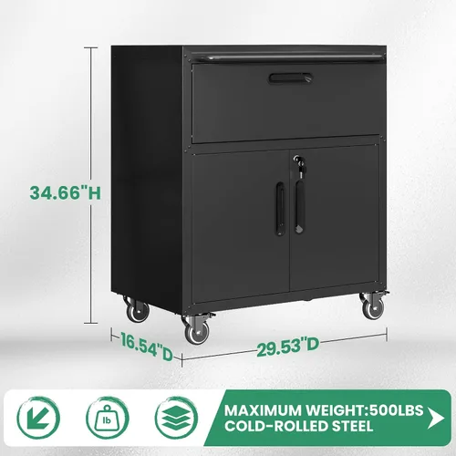 Vista 3 de Armario de almacenamiento de metal para garaje con ruedas, gabinete de herramientas con cerradura negra con cajón y estantes ajustables, gabinete