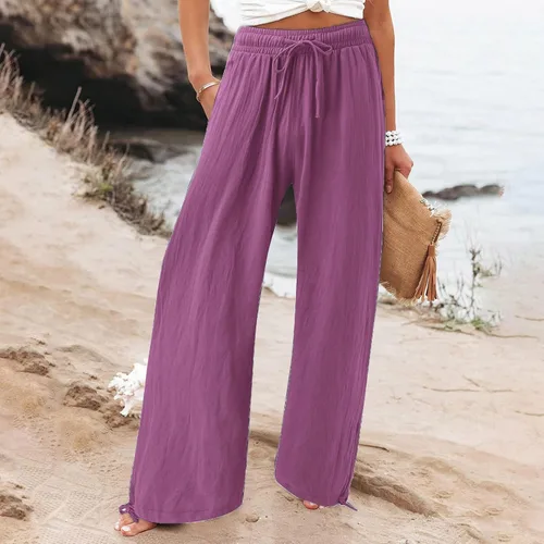 Vista 4 de SHAOBGE Pantalones palazzo de verano para mujer, cintura alta, pierna ancha, casual, cintura elástica, pantalones de playa con bolsillos