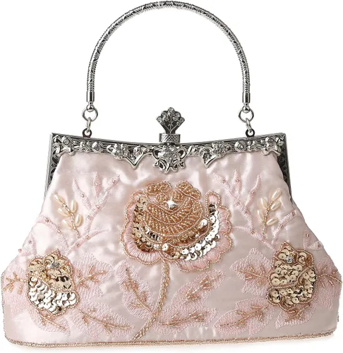 Vista 9 de Bolso de mano de estilo vintage con cuentas florales y strass para mujer, con bordado de lentejuelas, bandolera para novia, boda, fiesta