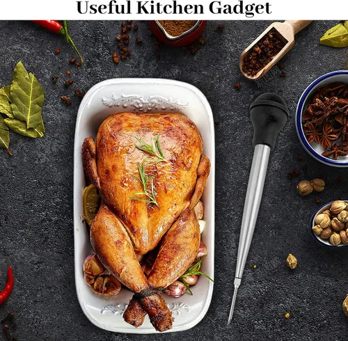 Vista 7 de Baster de Pavo para Cocinar, Inyector de Carne Grande de Acero Inoxidable, con Cepillo de Limpieza y 2 Agujas de Adobar, Negro