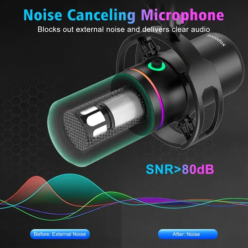 Vista 2 de Micrófono para juegos XLR/USB con brazo de brazo, micrófono dinámico con silencio de un toque, control de ganancia y conector para auriculares