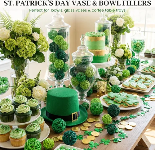 Vista 3 de FUTUREPLUSX 42 bolas de mimbre de ratán, bolas decorativas verdes, orbes y jarrones, rellenos de cuencos para primavera, día de San Patricio