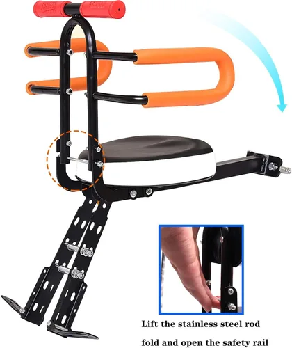 Vista 4 de Together-life Asientos de bicicleta para niños montados en la parte delantera, portabicicletas plegables con barandilla y pedal para bicicletas