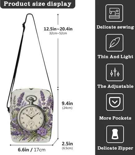 Vista 3 de Merry Christmas Vintage Pocket Watch Lavender small messenger bag for men shoulder bag crossbody Woman Cross Body Purse Shoulder Handbags Adjustable