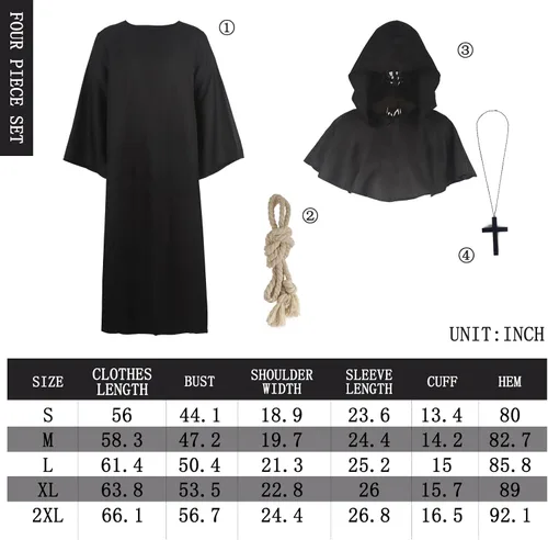 Vista 5 de UQJE Bata de monje renacentista de 4 piezas, bata de cultista para Halloween, disfraz de fraile para hombre y adulto