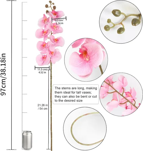 Vista 6 de Orquídeas artificiales de 38 pulgadas, 6 unidades, orquídeas falsas rosas, orquídeas de seda de terciopelo, flores artificiales de tallo largo