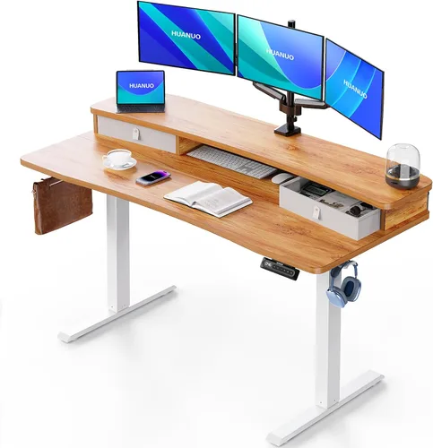 Vista 29 de HUANUO - Escritorio eléctrico de pie de 32 x 21 pulgadas con 2 cajones, compatible con montaje con abrazadera en C, escritorio de computadora