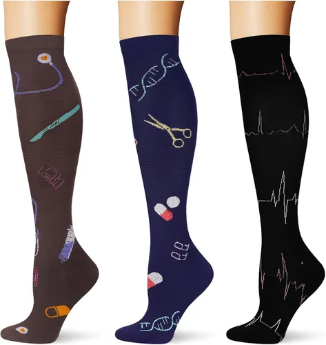 Vista 16 de (3 pares) Calcetines de compresión 20-30 mmHg, calcetines largos hasta la rodilla para mujeres y hombres, soporte atlético, para viajes y uso diario
