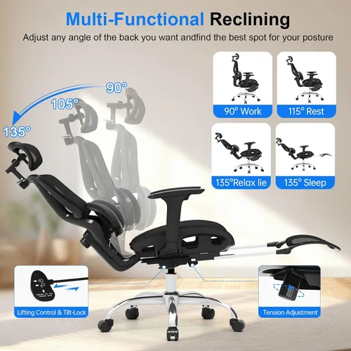 Vista 4 de Freepub Silla de oficina ergonómica de malla, silla de escritorio para el hogar, cómoda con soporte lumbar ajustable, reposacabezas y reposabrazos