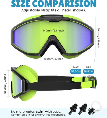 Vista 4 de NSSIW Gafas de natación para niños, antiniebla, sin fugas, con clip para la nariz, tapones para los oídos para niñas, niños y jóvenes, 6-14, paquete