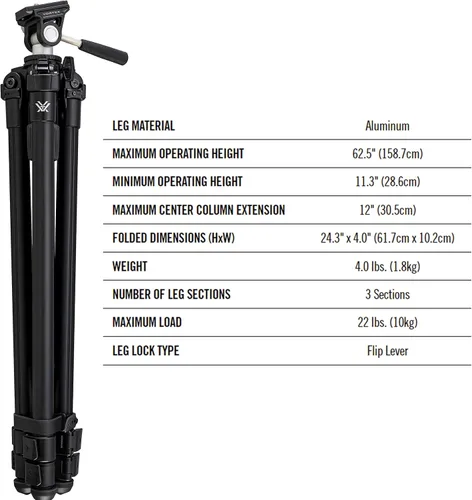 Vista 3 de Kit de Trípode Vortex Optics High Country II - Trípode de Aluminio, Cabeza Panorámica de 2 Vías, Carga Máxima de 22 lb, Pies de Goma - Garantía