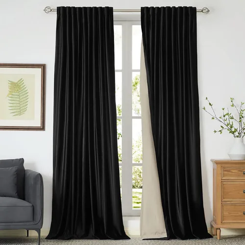 Vista 21 de Cortinas opacas de terciopelo de felpa negras de 63 pulgadas de largo para dormitorio, juego de 2 paneles de forro con bolsillo para barra, pestaña