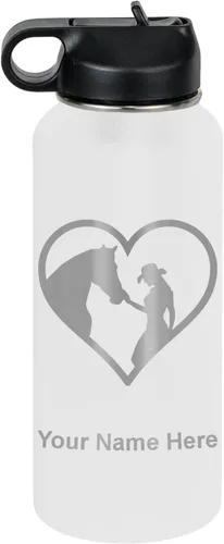 Vista 33 de LaserGram Botella de agua personalizada, corazón de vaquera de caballo, acero inoxidable de doble pared aislada al vacío con popote superior, regalo
