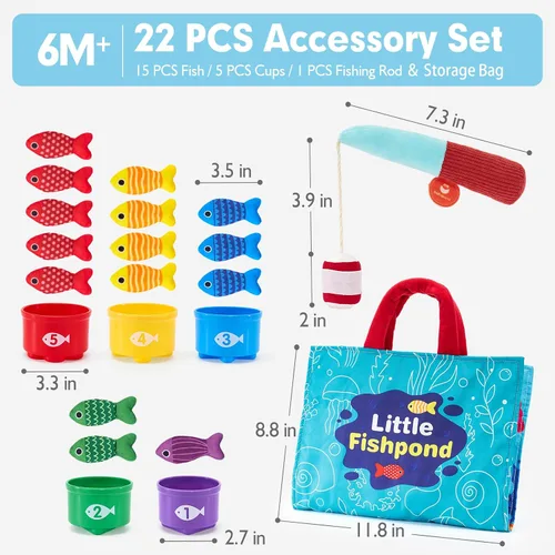 Vista 8 de hahaland Juguetes Montessori para niño de 1 año, regalo de cumpleaños, juego de pesca de tela 10 en 1, juguetes para niños pequeños con tazas