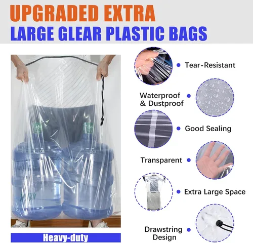 Vista 3 de Bolsas de plástico transparentes extragrandes con cordón de 157x79 cm, 3 paquetes (4 milímetros), bolsa de almacenamiento reutilizable a prueba