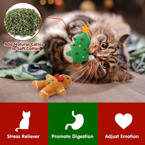 Vista 2 de Vansolinne Juguetes de Navidad con hierba gatera, 6 juguetes interactivos masticables para gatos de interior, juego de juguetes de dentición