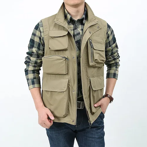 Vista 2 de BOOMLEMON Chaleco casual de trabajo al aire libre para hombre, chaleco de tiro para pesca de safari, chaqueta ligera de viaje con múltiples bolsillos