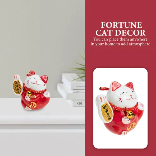 Vista 5 de Tofficu Adorable banco de monedas de cerámica roja de gato de la suerte, decoración de Feng Shui, bonita decoración de habitación, gato chino