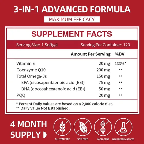 Vista 2 de Cápsulas blandas CoQ10 de 200 mg con PQQ y Omega 3, coenzima de máxima absorción Q10, potente antioxidante para la salud cardíaca y energética, 120