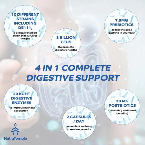 Vista 6 de Probióticos y enzimas digestivas preposteriores 4 en 1 para mujeres y hombres – Salud digestiva, intestinal e inmunológico apoyo para estreñimiento