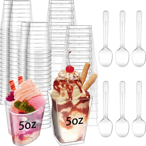Vista 8 de Funtery Paquete de 300 mini tazas de postre de 3 onzas y 4 onzas con cucharas, tazas reutilizables de plástico transparente para yogur, parfait