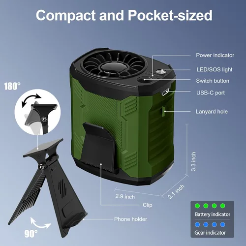 Vista 7 de Ventilador portátil 4 en 1 de cintura/cuello/escritorio con soporte para teléfono y luz LED Enfriamiento ultrarrápido de 10000 RPM, batería Verde