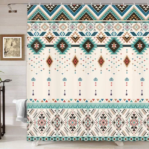 Vista 3 de Cortina de ducha estilo bohemio occidental para baño, patrón azteca del suroeste nativo americano, tribal navajo, bohemio, juego de cortinas