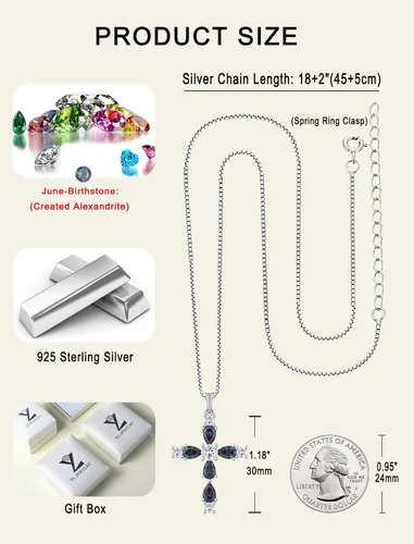 Vista 72 de YL Collar de cruz de plata de ley 925 con colgante de piedra natal religiosa para mujer