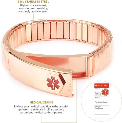 Vista 18 de Pulsera de alerta médica para hombres y mujeres, pulsera de identificación médica ajustable ajustable de acero inoxidable para diabetes, alergias