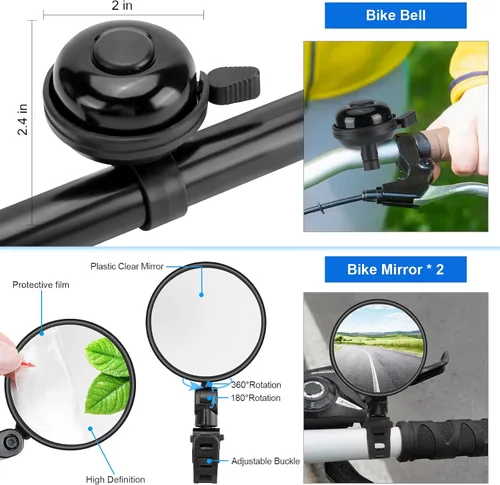 Vista 6 de Paquete de 8 accesorios para bicicleta, juego de luces para bicicleta recargable por USB, 1 soporte para botella de agua para bicicleta, bolsa
