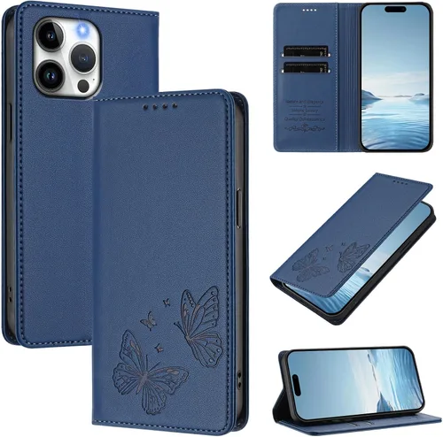 Vista 2 de Butterfly Embossed Leather Wallet Flip Case for Motorola Moto E22i 4G, Magnetic Closure, RFID Blocking Cover, Card Holder Blue.