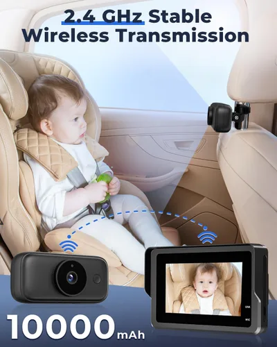 Vista 2 de Cámara inalámbrica de coche para bebé, batería de 10000 mAh, pantalla de 4.3 pulgadas y monitor de bebé de coche HD 1080P