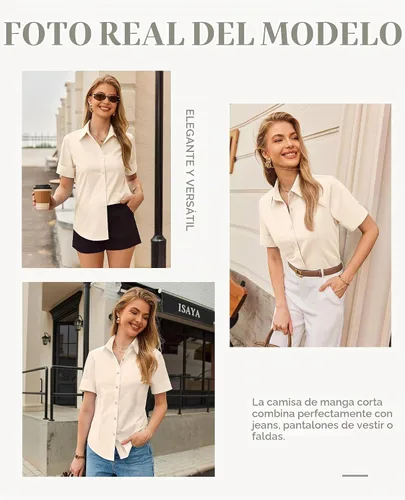 Vista 4 de siliteelon Camisas de vestir de manga corta con botones para mujer, camisas de algodón con botones para mujer, blusa ajustada de manga 3/4 Beige