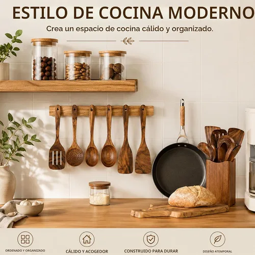 Vista 7 de Juego de utensilios de cocina de madera de teca prémium de 8 piezas, resistentes al calor, ligeras y resistentes, cucharas de madera para utensilios