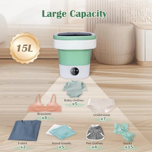 Vista 2 de Lavadora portátil de gran capacidad de 15 L, lavadora portátil con un solo toque para ropa de bebé y artículos pequeños, diseño silencioso y sin