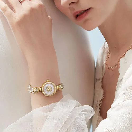 Vista 3 de Reloj de pulsera de oro para mujer, correa de cadena de perlas giratoria, esfera deslumbrante, impermeable, regalo para mujer R0262JB