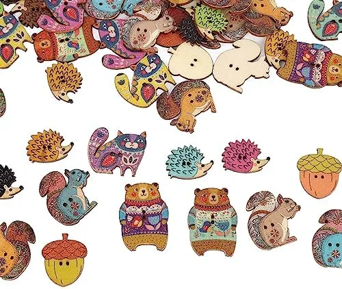 Vista 6 de Pssopp Botones para manualidades, 1.2 pulgadas de largo, lindos animales, coloridos y ligeros, botones de madera para coser, manualidades